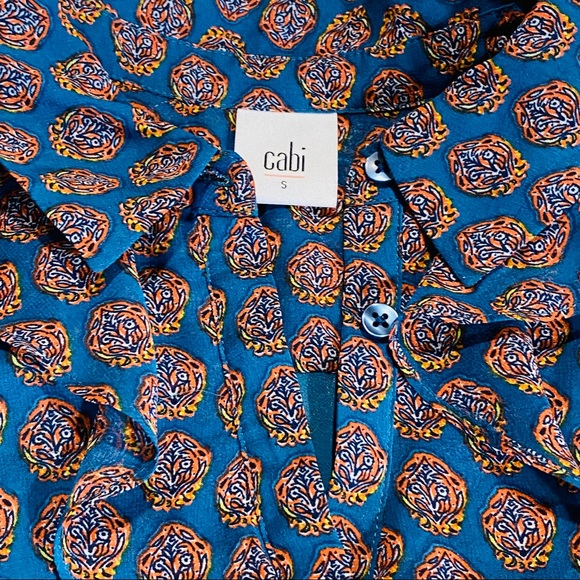 CAbi Medallion Reign Sleeveless Blouse Womens Sz Small Teal Orange Ruffles 3275 - Picture 6 of 11